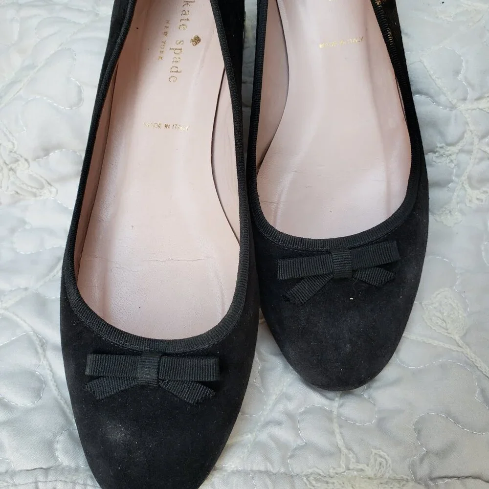 EUC KATE SPADE midnight black suede flats with jeweled gold heels (7.5)
